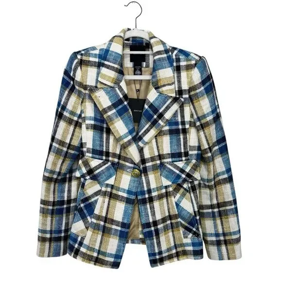NEW Smythe Cut-Away Blazer Summer Plaid Linen Cotton Size 6 - Picture 7 of 12